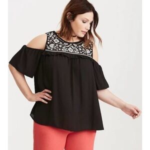 TORRID 00 0X XL Black Georgette Cold Shoulder Blouse Ivory Embroidered Flowers